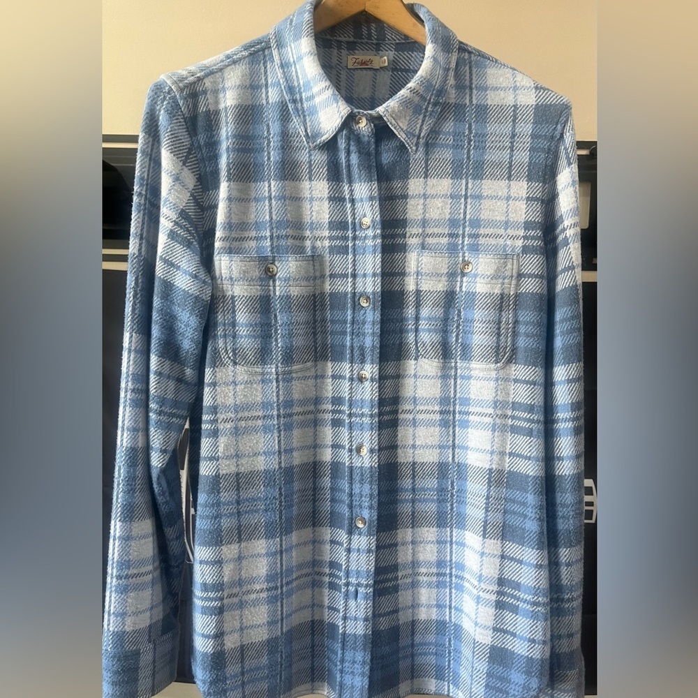 Faherty Legend Sweater Shirt Womens Large Button Up Blue Plaid Flannel